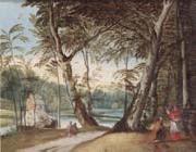 unknow artist A wooded landscape with a beggar kneeling before a cardinal oil on canvas